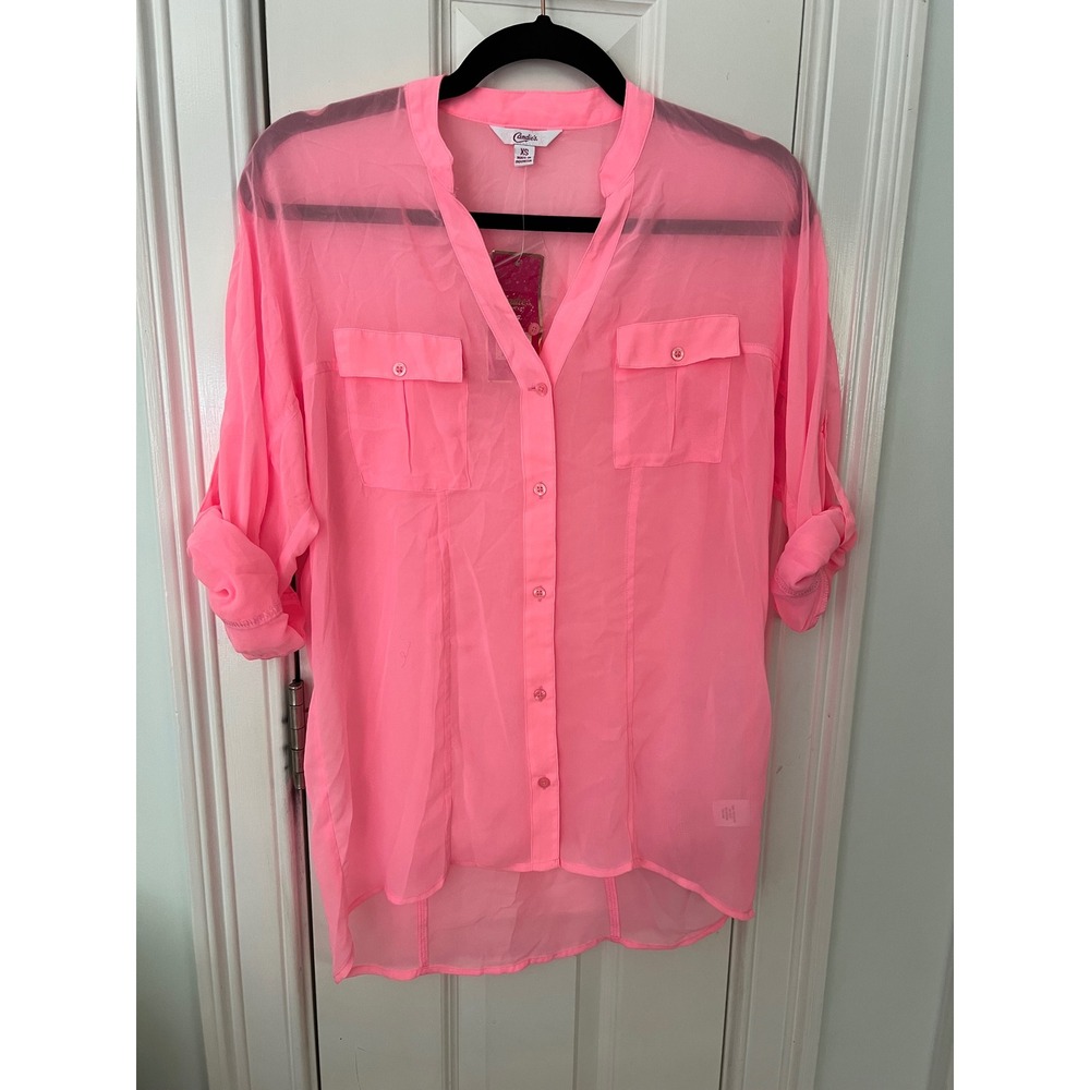 Candie's Neon Pink Sheer Chiffon Roll Tab Sleeve Button Up Blouse XS NWT